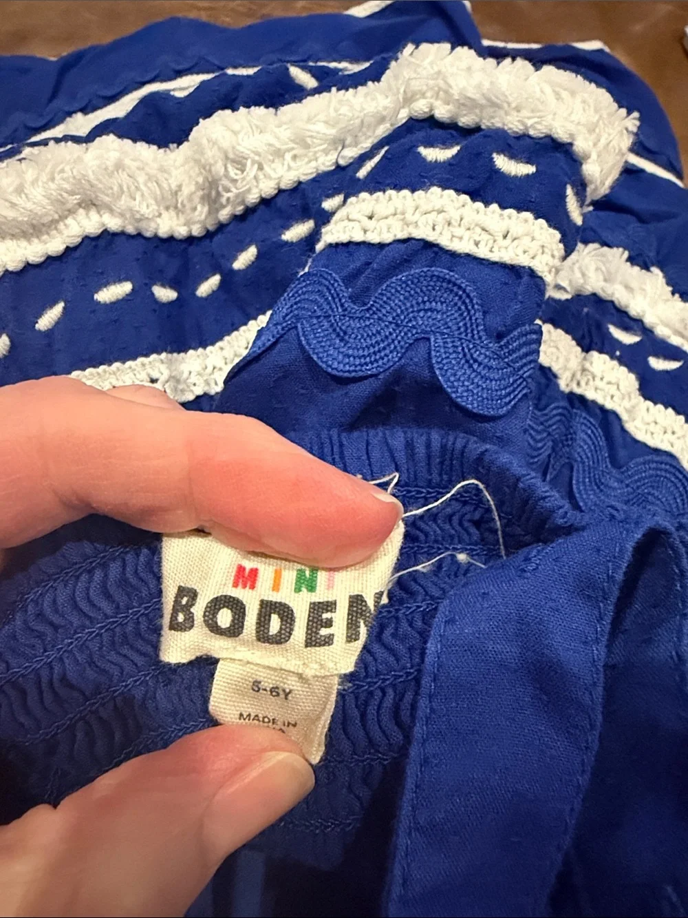 Mini Boden Girls Blue Tiered Sundress with White Trim